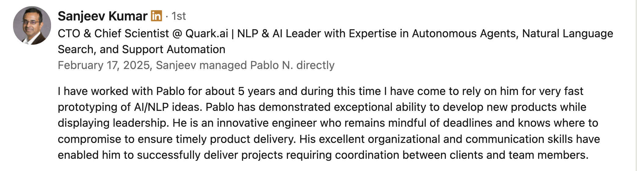 LinkedIn testimonial